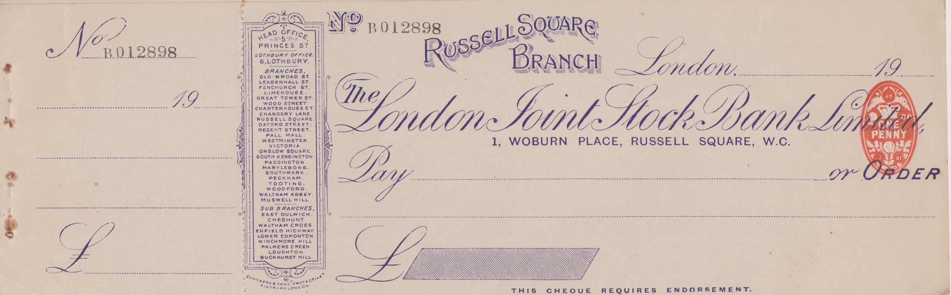 London joint Sock Bank Ltd., Russell Square Branch, mint order with C/F, violet on cream, orinter