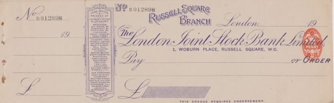 London joint Sock Bank Ltd., Russell Square Branch, mint order with C/F, violet on cream, orinter