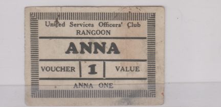 Burma Rangoon - United Services Officers Club - 1 anna voucher, AVF, scarce