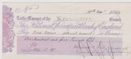 National Provincial Bank of England, Leominster, used bearer COD 14.2.59, plum on white, printer