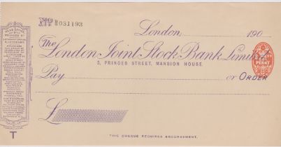 London Joint Stock Bank Ltd., 5 Princes St Mansion House, mint order no C/F RO 14.2.08, violet on