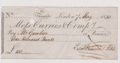 Curries & Compy 1830 - cheque, 29 Cornwall London used (£100)
