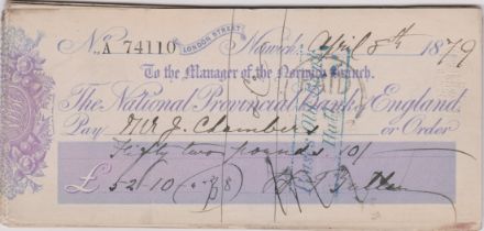 National Provincial Bank of England, Norwich (London St), paid order CO27.9.78, violet on white,