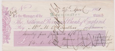 National Provincial Bank of England, Leominster, used bearer COD 20.11.60, plum on white, printer