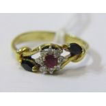 18ct YELLOW GOLD RUBY SAPPHIRE & DIAMOND CROSS OVER RING, principal ruby surrounded by brilliant cut