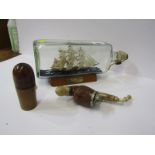 MARITIME, model Cutty Sark ship in bottle, also treen thimble and bobbin holder, and Austrian carved