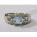 9ct WHITE GOLD PALE BLUE TOPAZ & DIAMOND RING, size N/O