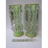 ANTIQUE GLASSWARE, pair of Victorian frosted green glass gilded drop lustre vases, 31cm height