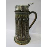 DOULTON STONEWARE LIDDED TANKARD, incised tapering brown glazed body with plated lid, dated 1874,