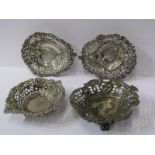 SILVER SWEETMEAT DISHES, pair of Victorian pierced and embossed heart shaped sweet meat dishes,