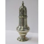 GEORGIAN SILVER CASTOR, with pierced decorated lid, with plain body on a circular tapering foot,