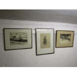 NORMAN WILKINSON, signed etching "Leaping Salmon", 22cm x 30cm, together with 2 related etchings