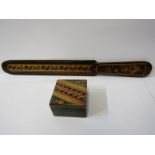 TUNBRIDGEWARE, a rosewood floral and parquetry design page turner, 31cm length, also similar stamp