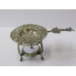CONTINENTAL SILVER TEA STRAINER ON STAND, tea strainer decorated cartouches of Royal scenes within a