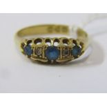 VINTAGE 18ct YELLOW GOLD SAPPHIRE & DIAMOND RING, 3 principal blue sapphires each seperated by an