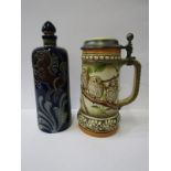 GERMAN POTTERY, a stallion decorated stoneware bottle; together with owl decorated lidded stein by