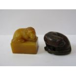 JAPANESE NETSUKE, signed fruitwood netsuke of Otter; also animal crested carved soapstone seal