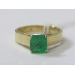 14ct YELLOW GOLD EMERALD SOLITAIRE RING, square cut emerald 4 claw setting, size L