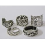 SILVER RINGS, selection of 5 silver rings including flower design, wave design, galloping horses,