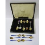 SOUVENIR & ENAMELLED TEA SPOONS, 5 silver and enamel souvenir spoons, Gloucester, Hastings, Bude,