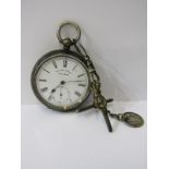 SILVER CASED POCKET WATCH, with key, T bar and coin fob, untested condition