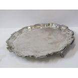 SILVER SALVER, shaped edge silver salver on 3 scroll feet, makers EV Sheffield, 1938, 802 grams