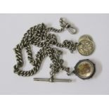 SILVER DOUBLE TAPER DOUBLE ALBERT WATCH CHAIN with swivel, coin fobs and T bar, approx. 72.2 grams