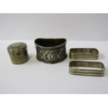 SILVER NAPKIN RINGS & PILL BOX, circular silver pill box with engine turned decoration with gilt