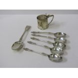 SILVER SPOONS & CONDIMENT, silver mustard with blue glass liner, Birmingham HM, 5 silver apostle