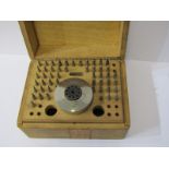 HOROLOGY, staking equipment, selection of stakes in wooden box