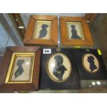 SILHOUETTES, collection of 5 early Victorian scissor cut silhouette portraits, 2 in birdseye maple