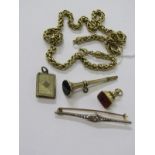 SELECTION OF YELLOW METAL ITEMS, including propelling pencil fob, intaglio carved carnelian fob,