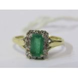 18ct YELLOW GOLD EMERALD & DIAMOND CLUSTER RING, principal rectangular cut emerald surrounded by