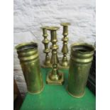 TRENCH ART, pair of floral decorated 23cm brass shell cases, together with 3 Victorian multi knopped