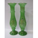 VICTORIAN GLASS VASES, pair of green glass vases with enameled decoration 36cms height
