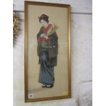 ORIENTAL ART, Japanese painted silk panel "Portrait of Geisha", 65cm x 29cm