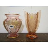 GLASSWARE, Art Deco pink frosted glass vase, together with gilded pink glass vase 20cm height