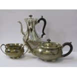 VICTORIAN SILVER 3 PIECE TEA SET, with ebony handles and finials with half fluted decoration,