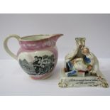 SUNDERLAND POTTERY, "moonlight" lustre small jug with "Young Cottagers" transfer, 8cm height;