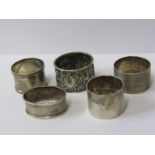 5 ASSORTED NAPKIN RINGS, 1 decorated figures in country house setting, with Birmingham HM, plus 4
