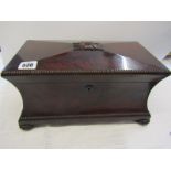 GEORGIAN TEA CADDY, figured mahogany waisted rectangular bodied tea caddy with fitted interior and