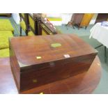 19th CENTURY MAHOGANY WRITING BOX, with brass name plate and corners, interior fitted writing slope