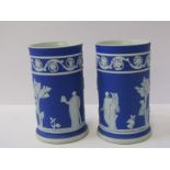 WEDGWOOD JASPERWARE, pair of 19th Century blue jasperware cylindrical spill vases, 10cm height