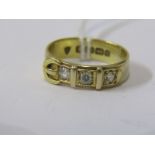 18ct YELLOW GOLD DIAMOND SET BUCKLE STYLE RING, 3 well matched transitional cut diamonds in heavy