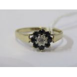 9ct YELLOW GOLD SAPPHIRE & DIAMOND CLUSTER RING, principal brilliant cut diamonds surrounded by dark