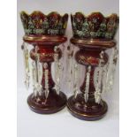 ANTIQUE GLASSWARE, pair of Victorian gilded ruby glass drop lustre vases, 36cm height (some defects)