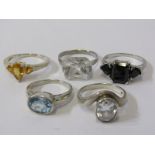 SILVER RINGS, selection of 5 stoneset silver rings, various sizes