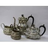 MATCHED SILVER 3 PIECE TEA & COFFEE SET, with ebony handles and finials, floral and foliate