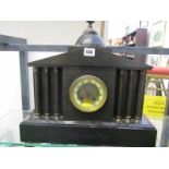 VICTORIAN MANTEL CLOCK, black marble temple design mantel clock, 43cm height