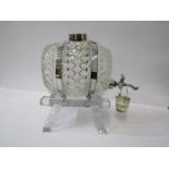 CUT GLASS, silver plate banded sherry barrelled decanter on stand